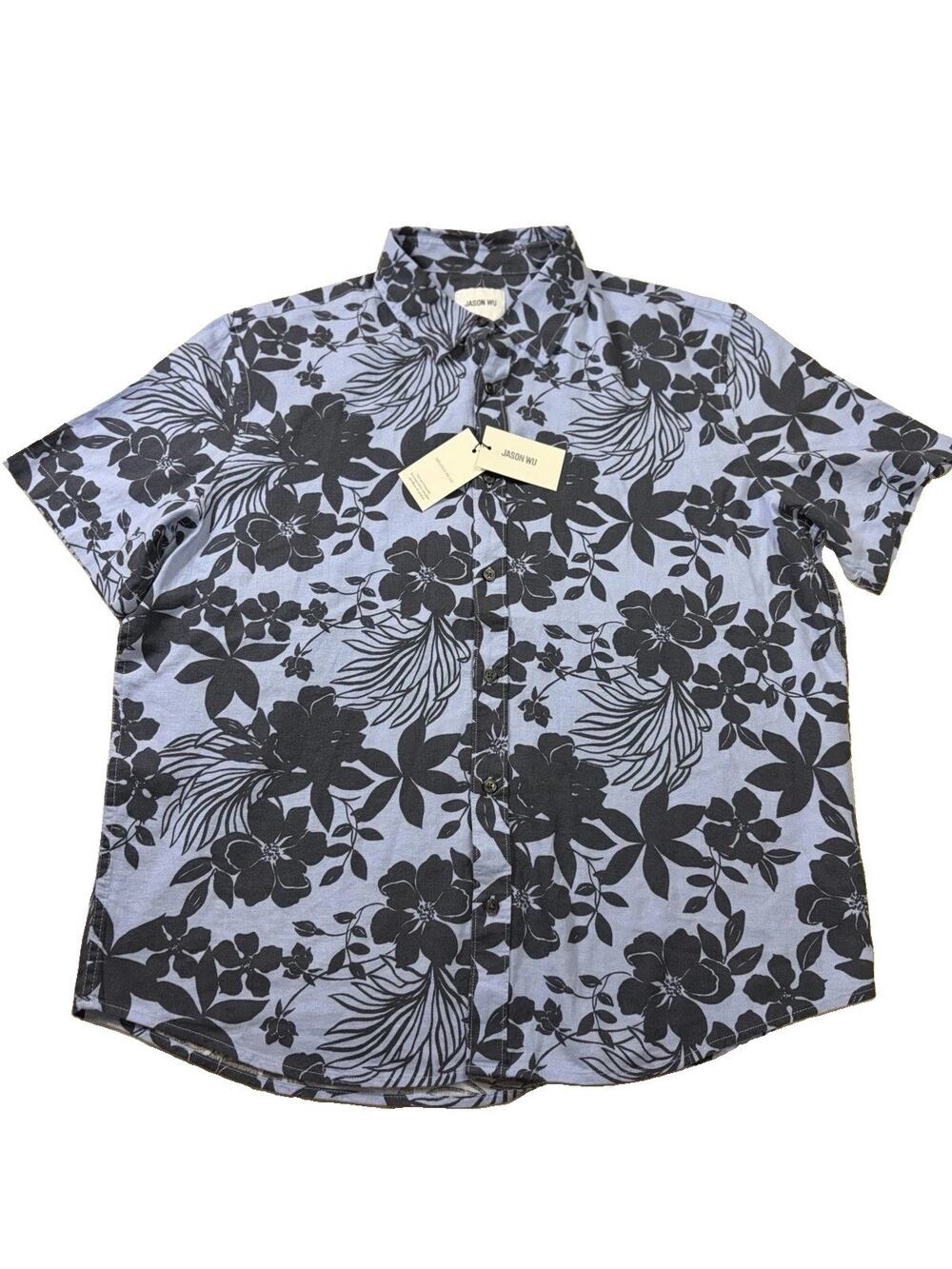NWT Jason Wu Shirt Men’s XL Blue Black Floral Linen Blend Button Down Hawaiian